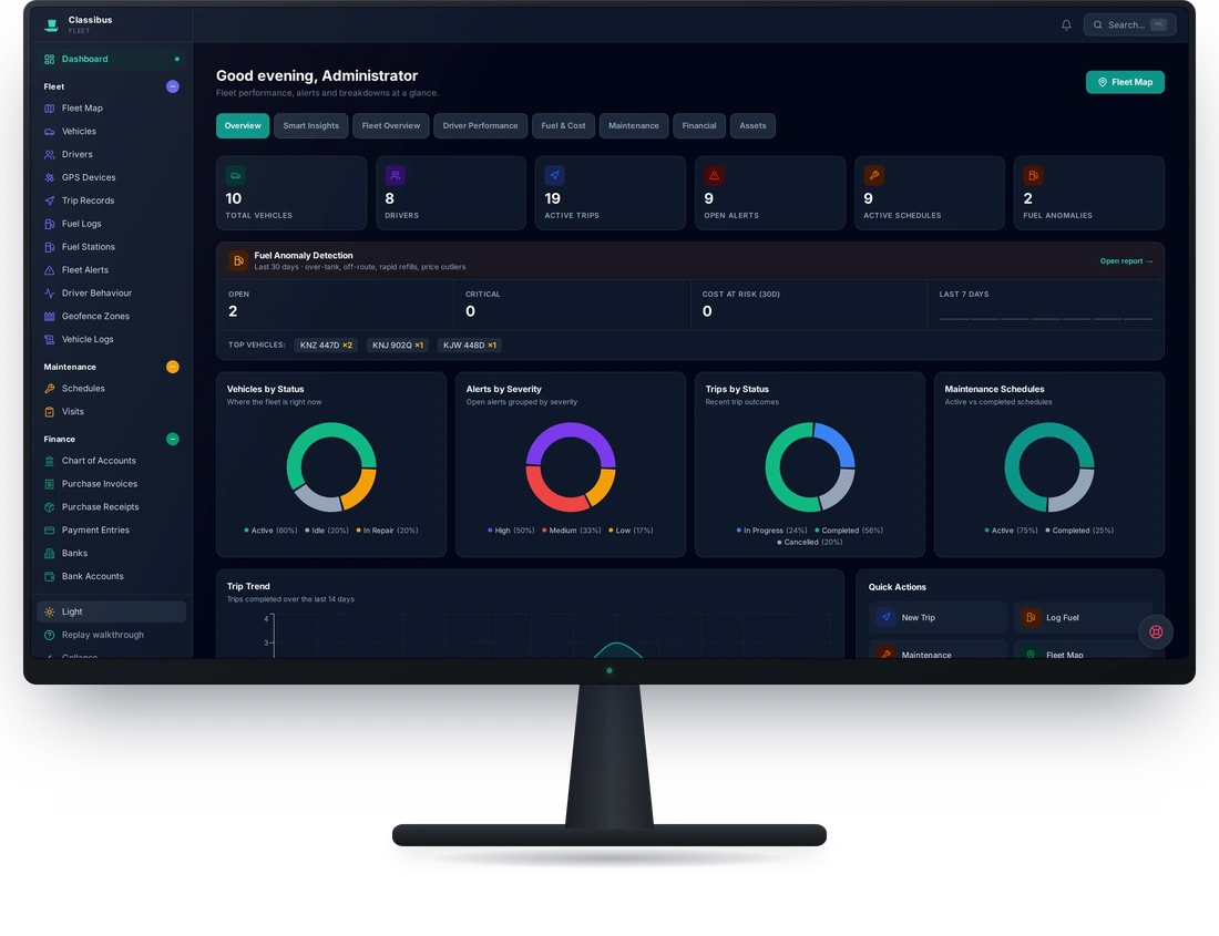 Classibus dashboard, dark mode, on a desktop monitor
