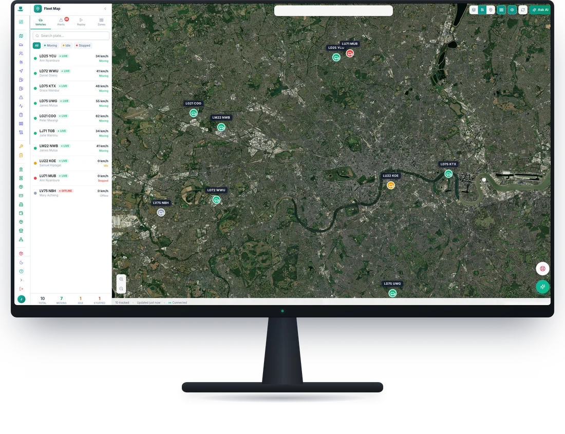 Classibus live fleet map on a desktop monitor